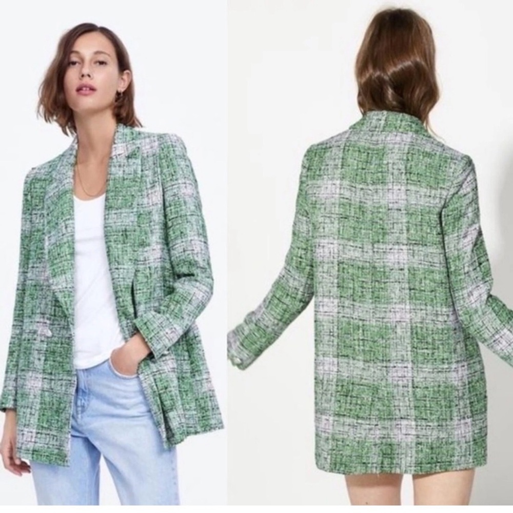 Zara Green white Plaid Tweed Double-Breasted Blazer jacket Sz XS
